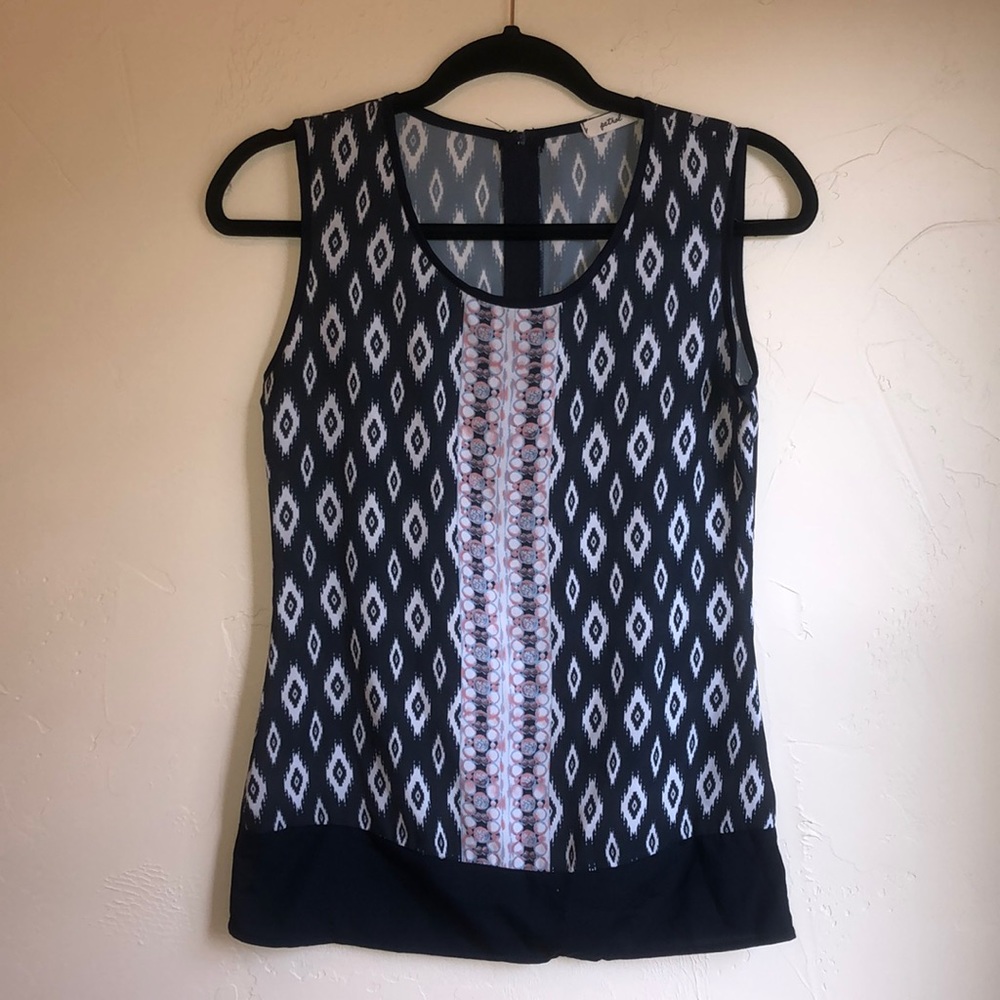 Aztec blue shirt with pink and white designs